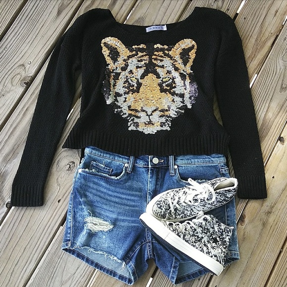 Rehab Sweaters - Sequin Tiger Hi-Lo Sweater